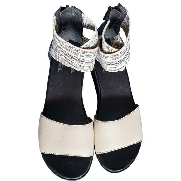 Sorel Cameron Platform Wedge Women's Sandal Elastic Ankle Strap Black Cream Sz 6 - Picture 2 of 11